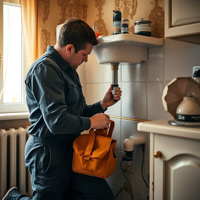 Technik opravuje prasklé potrubí pod dřezem v české kuchyni